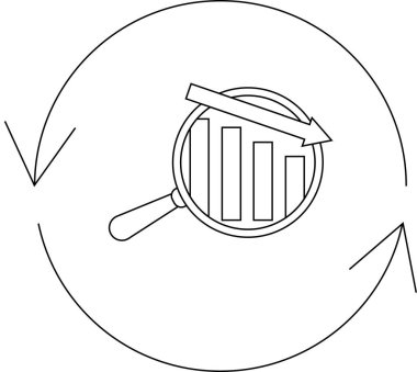 Düşen eğilimlerin görsel bir temsili, bir çubuk grafiğinin üzerinde bir büyüteç, aşağı doğru ok ile çevrelenmiş, döngü oklarla çevrelenmiş.