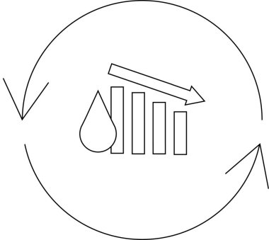 Azalan su seviyelerini gösteren sembolik bir illüstrasyon alçalan bir grafik ve bir su damlacığıyla temsil ediliyor, döngüsel bir okun içinde, kaynak tükenmesini simgeliyor..