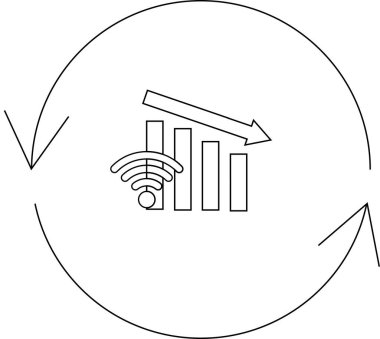 Düşen çubuklar ve aşağı doğru ok ile gösterilen zayıf bir WiFi sinyalinin çizimi, dairesel diyagramda bir döngü gösteren oklarla çevrili.