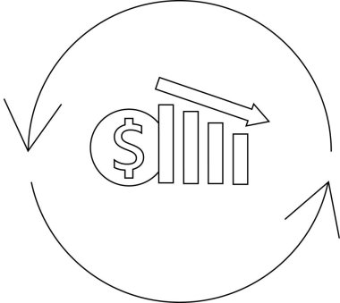 Ekonomik krizin görsel bir temsili, bir dolar madeni para ve aşağı doğru eğilimli bir bar grafiği, döngüsel bir okla çevrili.