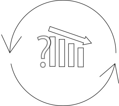 Yuvarlak oklarla çevrili, belirsizliği ve döngüsel kalıpları sembolize eden bir soru işareti ile aşağı doğru eğilimin görsel bir temsili.