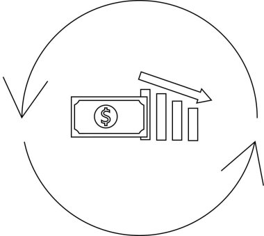 Para, azalan grafik ve dairesel oklar ile ekonomik krizin resmedildiği, mali zorlukların ve piyasa dalgalanmalarının simgesi.