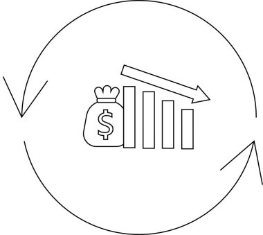 Ekonomik krizin görsel bir temsili, azalan bir bar grafiği, bir para çantası ve finansal zorlukları sembolize eden döngüsel bir ok.