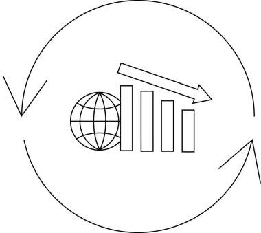 Küresel ekonomik durgunluğu simgeleyen sembolik bir çizim, bir küre, azalan çubuk grafiği ve döngüsel desen içinde aşağı bakan bir oku resmediyor..