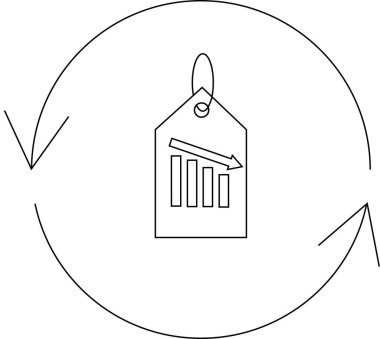 Etiket simgesinde aşağı doğru bir grafik ile fiyat azaltma döngüsü illüstrasyonu, azalan maliyetleri ve döngüsel fiyat ayarlamalarını sembolize eder.