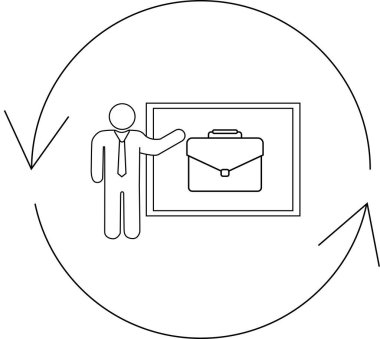 Dairesel bir süreç akışı içinde bir evrak çantası simgesi ile bir iş sunumu tasvir eden basit bir siyah beyaz çizgi.
