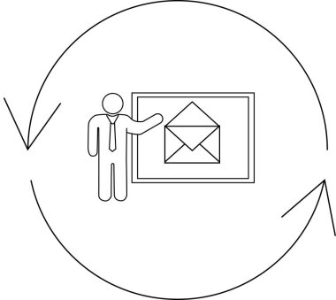 Bir sunucu, bir e-posta simgesi ve sürekli iletişim ve stratejiyi sembolize eden bir döngü okunun yer aldığı e-posta pazarlamasının görsel bir temsili.
