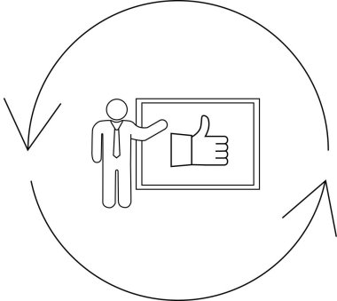 Bir sunucu ve olumlu bir değerlendirmenin yer aldığı bir geri bildirim döngüsünün görsel temsili, sürekli gelişmeyi ve olumlu pekişmeyi sembolize eder.