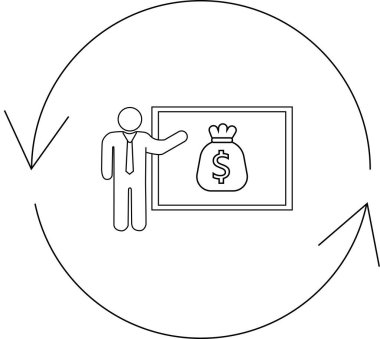 Bir adam ekranda para çantası sunuyor, finansal sunumları ve döngüsel süreçleri sembolize ediyor..