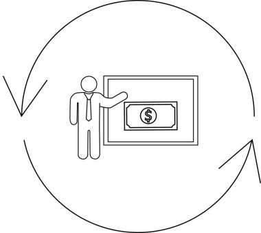 Bir adam, sürekli döngü ya da döngü içinde finansal kavramları sembolize eden, büyüme ya da yatırım öneren bir dolar banknotunu ekranda sunar..