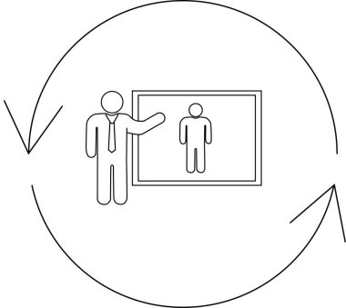 Takım elbiseli bir adam ekrandaki adama sunar, etrafı okla çevrilidir..