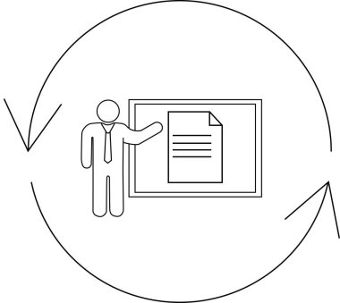 Takım elbiseli bir kişi, bir çerçeve içinde sunum döngüsünü sembolize eden dairesel bir okla çevrili bir belge sunar..