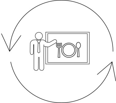 Yemek servisi döngüsüyle ilgili bir sunum, dairesel bir ok içinde tabak, çatal ve kaşık ile bir sofra kuran bir adamın sunumu..