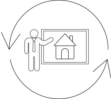 Bir emlak sunumunun basit bir çizgisi çizimi. Ev simgesi ve dairesel oklar bir döngüyü gösteriyor..