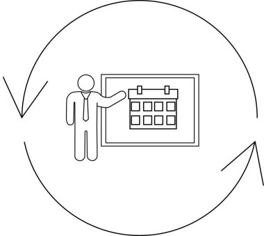 Basit bir çizim, takvimi dairesel bir ok içinde sunan, zamanlamayı, planlamayı ve zaman yönetiminin döngüsel doğasını sembolize eden bir kişiyi tasvir eder..