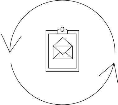 Pano, zarf simgesi ve dairesel oklarla bir e-posta pazarlama döngüsünü tasvir eden basit bir çizgi çizimi.