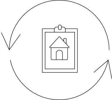 Dairesel oklarla çevrili bir evi gösteren basit bir çizgi sanat simgesi, gayrimenkul değerlendirmesini ya da ev teftişini sembolize ediyor..