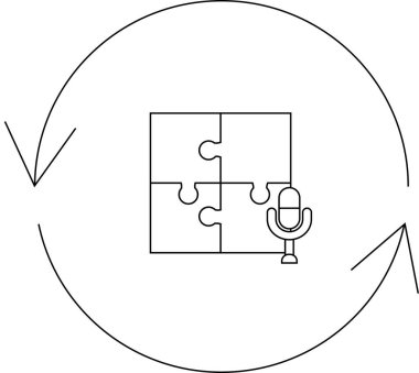 Ses bulmacası çözme, bulmaca çözme, mikrofon ve dairesel oklar içeren yinelemeli problem çözmeyi sembolize eden bir illüstrasyon.