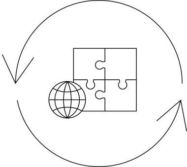 Küresel bütünleşmenin sembolik bir gösterimi, bulmaca parçaları, bir küre ve bir dairesel ok, birbirine bağlılığı ve sürekli akışı temsil ediyor..