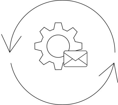 Bir dişli simgesi, bir zarf ve dairesel oklar içeren, süreci otomasyon ve iletişimi sembolize eden otomatik bir e-posta sisteminin tasviri.