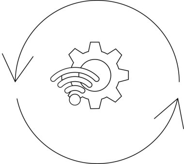Dairesel akış içinde bir dişli ve wifi sembolü ile temsil edilen bir otomasyon süreci, süreklilik ve bağlantıyı sembolize eder.