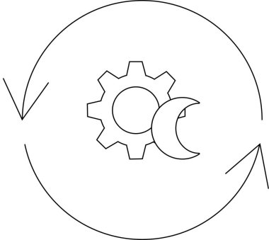 Bu resim, dairesel oklarla çevrili, bir dişli ve ay simgesi ile gösterilen, gece modu ayarlarıyla bir otomasyon sürecini temsil eder..