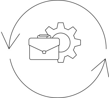 Bu simge, verimliliği ve iş akışı optimizasyonunu sembolize eden dairesel ok içinde bir evrak çantası ve teçhizat içeren iş süreci otomasyonunu temsil etmektedir..