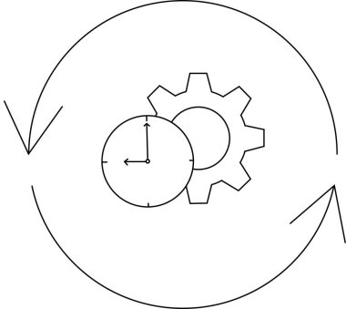 Daire şeklinde okları olan bir saat ve dişli simgesi, sürekli döngü içinde zaman, süreç ve verimliliği temsil ediyor..