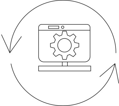 Bir bilgisayar monitörü dairesel ok döngüsüyle çevrili bir dişli simgesi gösterir, sistem güncellemelerini veya sürekli süreçleri sembolize eder.