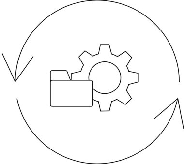 Dairesel bir döngü içinde bir dizin ve dişli simgesi içeren veri senkronizasyonunun sembolik bir temsili, otomatik veya sürekli güncelleme önerir.