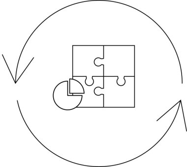 Dairesel bir okla temsil edilen turta grafikleri ve bulmacaları çözümlemenin yineleme sürecini resmeden bir çizim..