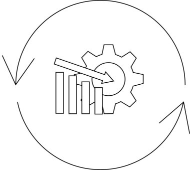 Azalan bir grafiğin çizimi, dairesel bir okun içinde vites ile, süreç optimizasyonunu ve verimliliğini temsil ediyor..