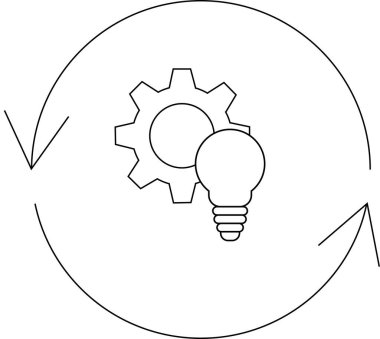 Dairesel oklarla çevrili bir dişli ve ampul simgesi, basit ve temiz bir tasarımda yeniliği, süreci ve sürekli gelişmeyi simgeliyor..