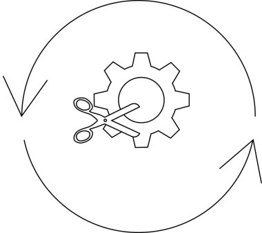 Dairesel döngü içinde makasla kesilen bir dişlinin tasviri, süreç optimizasyonunu, verimlilik artışını veya maliyet azaltmasını sembolize eder.