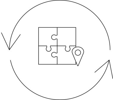 Sorun çözme ve stratejik planlamanın sembolik bir temsili, dairesel akış içinde yapboz parçaları ve konum rozeti.