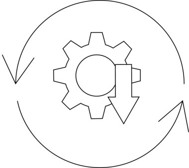 Çemberin içinde aşağı doğru ok ve oklarla bir süreci ya da döngüyü temsil eden bir dişli tasviri.