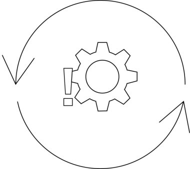 Dairesel bir süreç içinde ünlem işareti olan bir dişli, bir sistem veya iş akışı içinde bir sorun veya hata olduğunu gösterir.