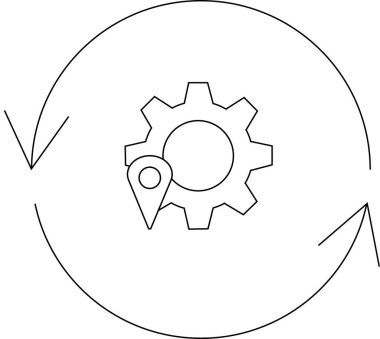 Dairesel oklarla çevrili konum broşlu bir dişli simgesi, süreç otomasyonunu ve konum tabanlı hizmetleri sembolize ediyor.