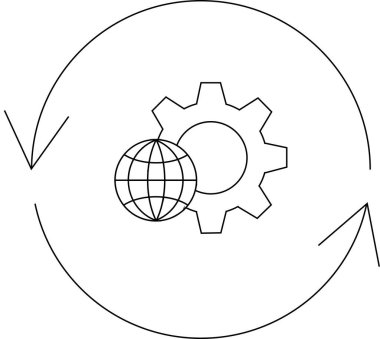 Küresel süreç otomasyonunun kavramsal çizimi, oklarla çevrelenmiş bir dişli ve küreyle, sürekli gelişmeyi ve dünya çapında operasyonları sembolize ediyor..