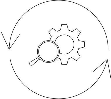 Bir büyüteç ve teçhizat dairesel oklarla çevrili, basit bir çizgi sanat tarzında süreç analizi, optimizasyon ve sürekli gelişmeyi temsil eder..