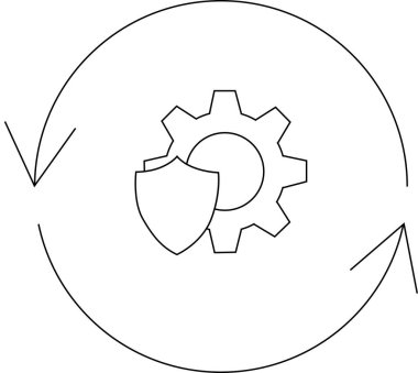 Kalkan, dişli ve dairesel oklarla güvenlik otomasyonunu tasvir eden minimalist bir sanat çizgisi çizimi sürekli korunmayı ve gelişim sürecini sembolize ediyor..
