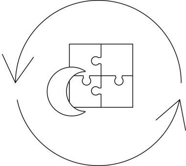 Bir gece vakti problem çözme döngüsünü tasvir eden kavramsal bir illüstrasyon, yapboz parçaları, hilal ve sürekli yinelemeyi gösteren dairesel oklar..