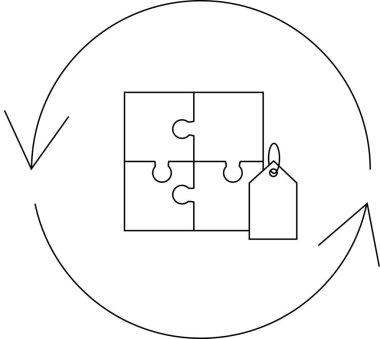 Dairesel bir okla çevrili dört parçalı ve etiketli bir bulmaca, problem çözme ve fiyatlandırma öneriyor..