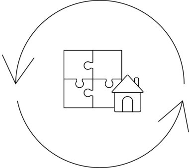Gayrimenkul çözümlerini temsil eden kavramsal bir illüstrasyon, dairesel bir okla çevrili bir ev sembolüyle bir araya gelen bir bulmacayı temsil ediyor..