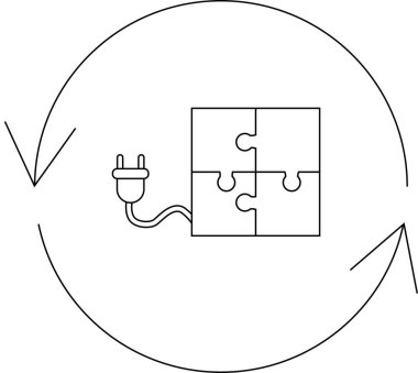Yenilenebilir enerji çözümlerinin kavramsal çizimi, elektrik prizine bağlı yapboz parçaları, sürdürülebilir güç ve dairesel ekonomi içindeki bütünleşmeyi sembolize ediyor.