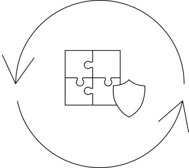 Güvenlik, bütünleşme ve iş çözümlerinde sürekli gelişmeyi sembolize eden kalkanlı bir yapbozun kavramsal çizimi.