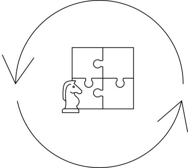 Bir satranç şövalyesi, dairesel bir ok içinde tamamlanmış bir yapbozun yanında durur. Stratejik düşünmeyi ve sürekli bir süreçte yineleyici problem çözmeyi sembolize eder..