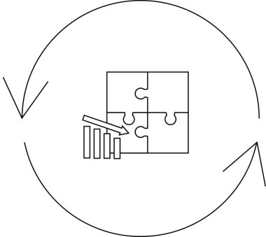 İstikrarı temsil eden bulmaca parçalarının olduğu bir iş döngüsü ve ekonomik daralmayı gösteren azalan bir grafik, hepsi döngüsel bir ok içinde.