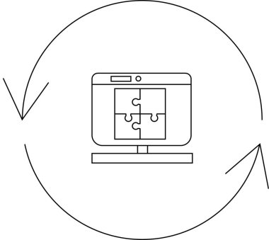 Bir bilgisayar ekranı, dairesel oklarla çevrili, problem çözmeyi ve teknoloji ve yazılım gelişimindeki sürekli gelişmeyi sembolize eden bir bulmacayı gösterir..