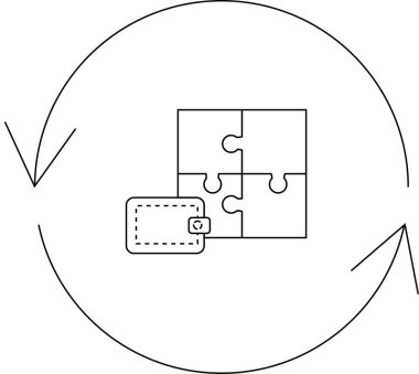 Bir cüzdanın kavramsal çizimi dairesel akış içinde bir bulmacayla bütünleşmiş, finansal çözümleri ve entegrasyonu temsil eden.